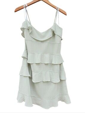 Lulus Sage Green Sheer Ruffled Tiered Spaghetti Strap Dress Size L